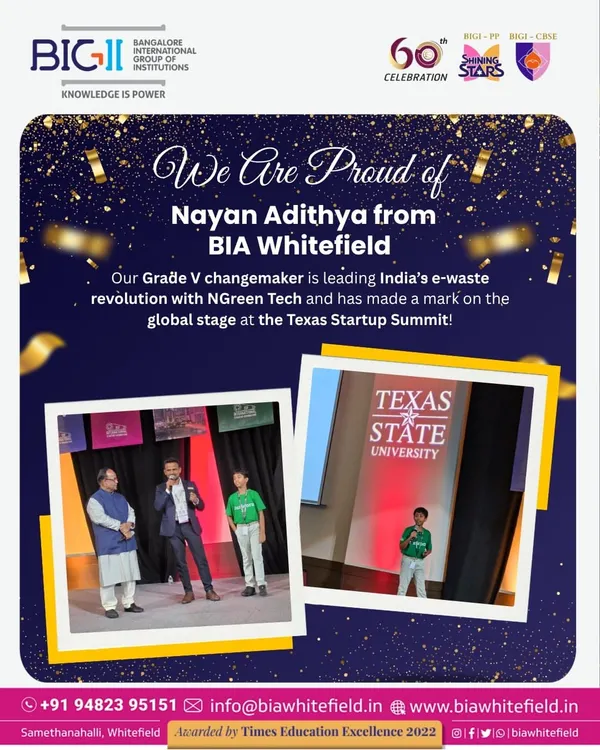 We are incredibly proud of our Grade V student, Nayan Adithya, who represented India on a global stage at the Texas Startup Summit. His nonprofit initiative, NGreen Tech, which focuses on revolutionizing e-waste management, secured funding and showcased the leadership and vision we nurture in our students.