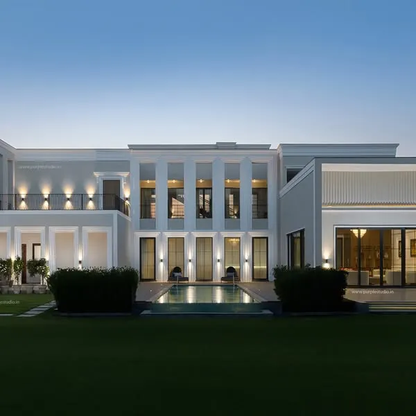 The completed reality of our Chhattarpur farmhouse project at dusk. This photo is the culmination of years of design and construction, a proud moment where the built form perfectly matches our original vision.