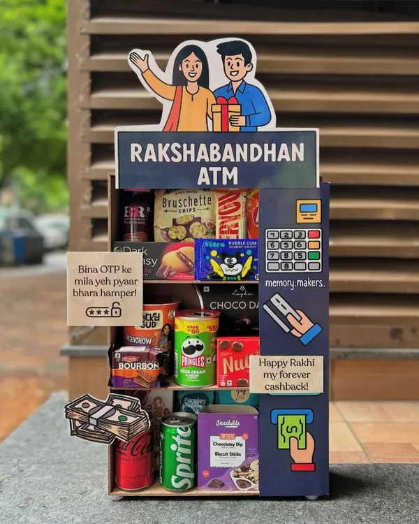 This Rakshabandhan ATM hamper is one of my most creative designs, perfect for a fun-loving sibling. It's a playful way to gift snacks and treats, turning a simple present into an interactive and memorable experience.