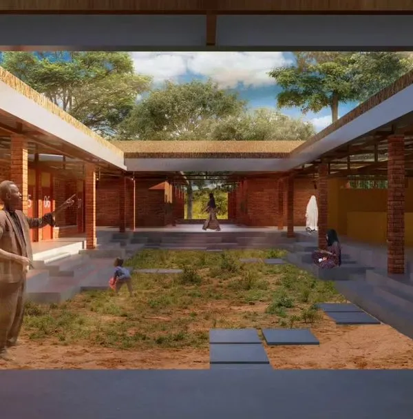 A rendering of the central courtyard for our 'Sanctuary' competition entry, a sustainable development center in Zambia. The design creates an open, inclusive, and multi-use community space.