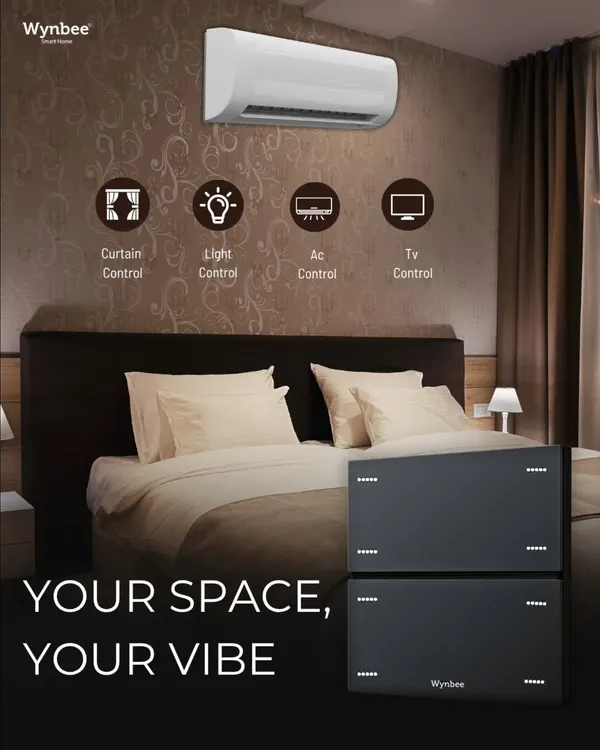 This graphic illustrates the centralized control I provide for your bedroom. From a single smart switch panel, you can manage your curtains, lights, air conditioning, and television, creating your perfect vibe with ease.