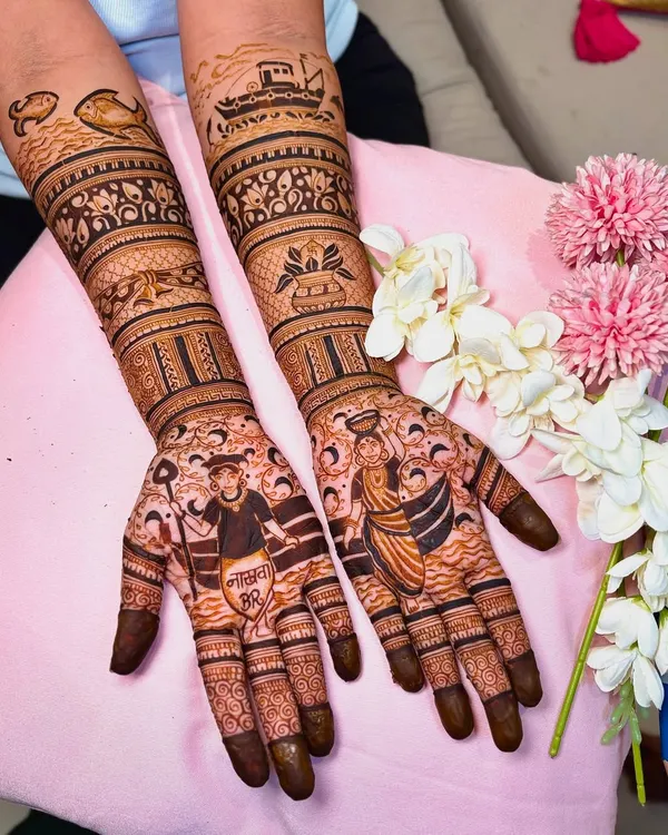 This custom Koli bridal mehendi is one of my absolute favorites to create. I love telling a story through my art, incorporating figures of a Koli fisherman and woman, boats, and fish to celebrate the couple's heritage.