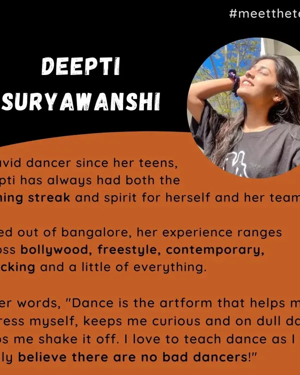 A little introduction to me and my dance philosophy. I'm Deepti, and I'm here to help you shake off your worries and find your rhythm. My goal is to make you feel confident and have fun.