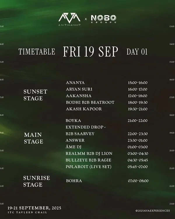 The official timetable for the AVA x NOBO Escape festival. It's always a thrill to see my name on the lineup for the main stage, especially for a B2B set with DJ Lion.