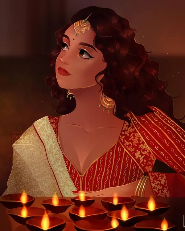 A Diwali-themed illustration showing a woman surrounded by the warm glow of diyas. I focused on creating atmospheric lighting to capture the magical feeling of the festival of lights.