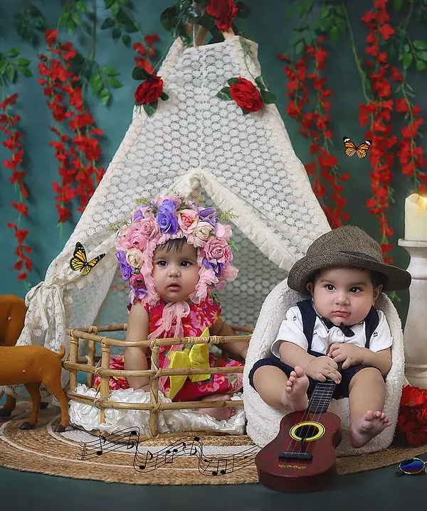 Double the cuteness! This enchanting studio session for twins features a boho teepee, woodland deer, and beautiful floral crowns for a magical, fairytale feel.