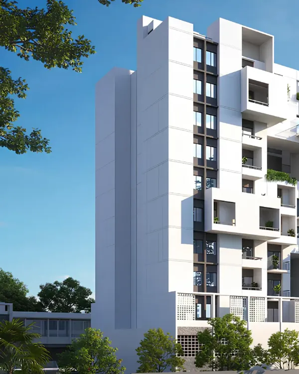 A rendering of the Aurum Avenue housing project, where the facade is articulated as a dynamic composition of stacked and shifted blocks. This design strategy avoids the monotony of a flat facade and creates a variety of unique balcony spaces for residents.