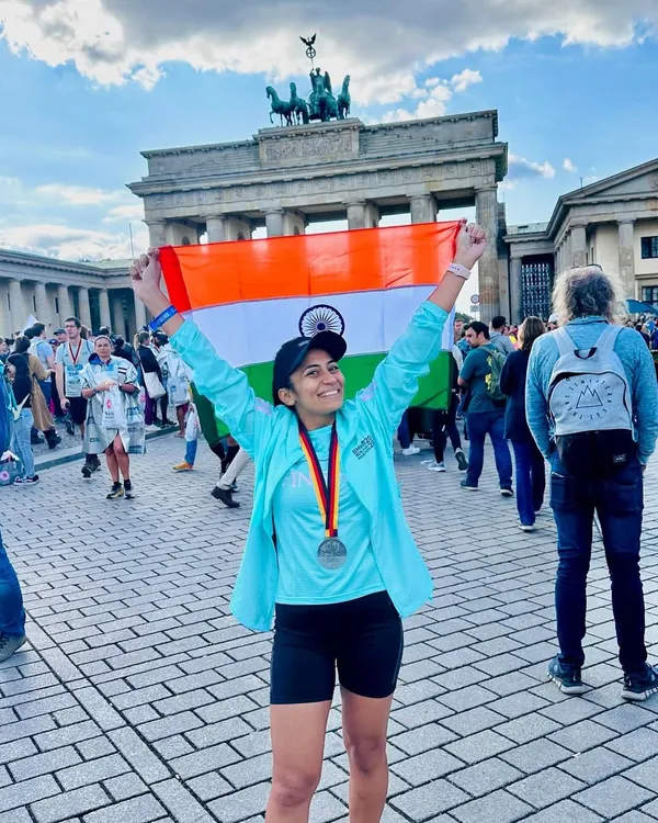 First World Major Marathon conquered. Holding the Indian flag high after finishing the Berlin Marathon. This was a run dedicated to my family and friends who believed in me.