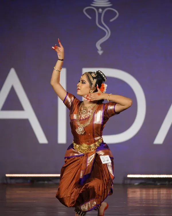 A senior student in a graceful Aramandi pose during the All India Dance Competition. Her performance won her the 1st prize in the senior category.
