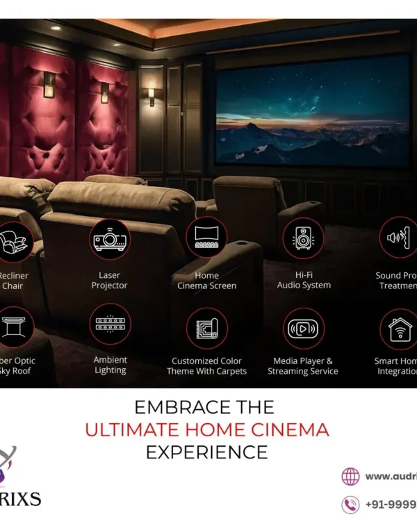 We design and install every component of your ultimate home cinema. This includes sourcing and setting up luxury recliner chairs, laser projectors, Hi-Fi audio systems, and full smart home integration for a seamless, one-touch experience.