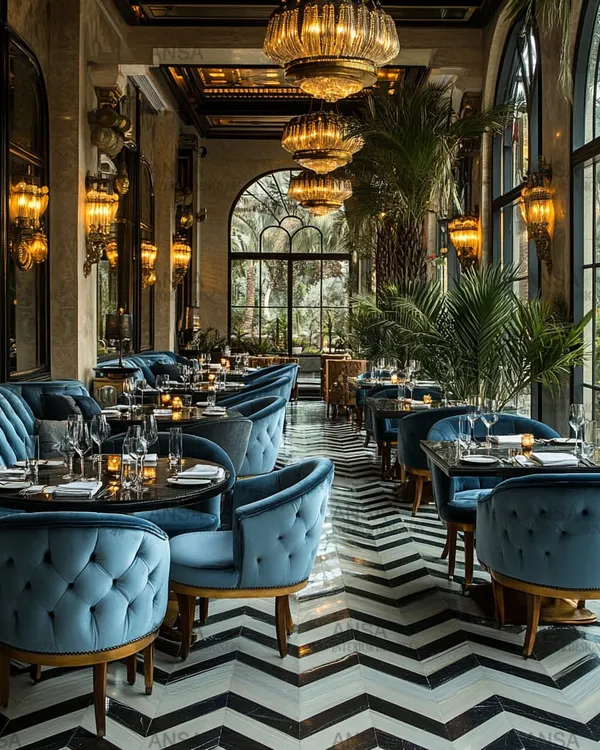 This is where ambiance becomes an experience. I designed this restaurant to feel like a movie set, using plush velvet, dramatic chevron floors, and mood lighting to create a space that is both luxurious and intimate. It’s a perfect example of my focus on restaurant ambiance design.