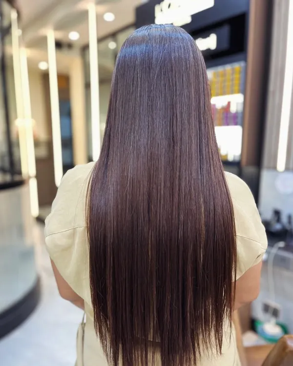 The result of a Nanoplastia treatment. This image showcases perfectly straight, smooth, and incredibly shiny hair, demonstrating the power of this frizz-eliminating service.