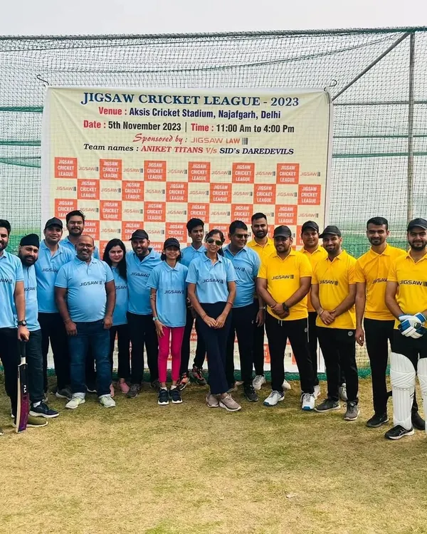 The two teams, Aniket Titans and Sid's Daredevils, facing off at the Jigsaw Cricket League 2023. A day of friendly competition for our law firm.