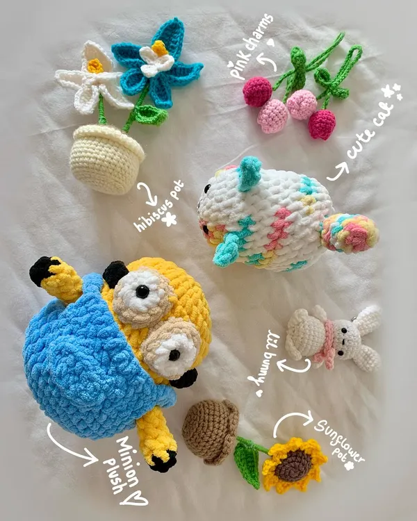 Here’s a little family photo of some of my favorite custom creations. You can see a Minion plushie, tiny potted plants that never wilt, a colorful cat, a bunny keychain, and floral charms. If you can dream it, I can probably crochet it.