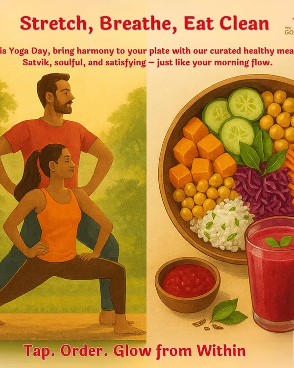 Stretch, breathe, eat clean. This Yoga Day, bring harmony to your plate with our curated healthy meals that are Satvik, soulful, and satisfying, just like your morning flow.