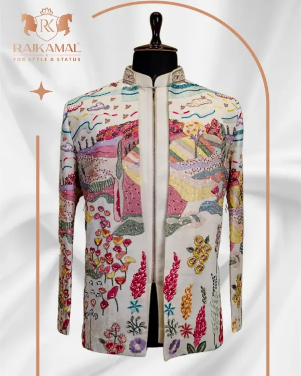A full view of the artistic open Jodhpuri jacket. The whimsical landscape embroidery is spread across the entire garment, making it a true collector's piece for any special occasion.