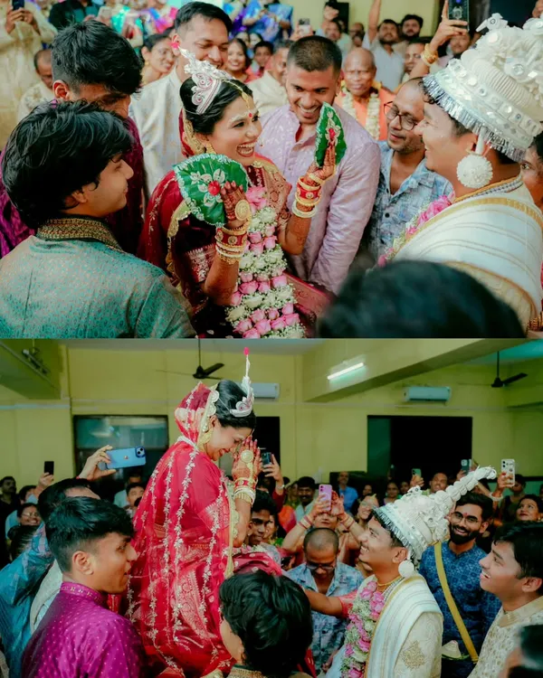 The vibrant and joyful 'Shubho Drishti' and 'Mala Bodol' ceremonies. This collage captures the laughter and excitement as the bride and groom see each other for the first time.