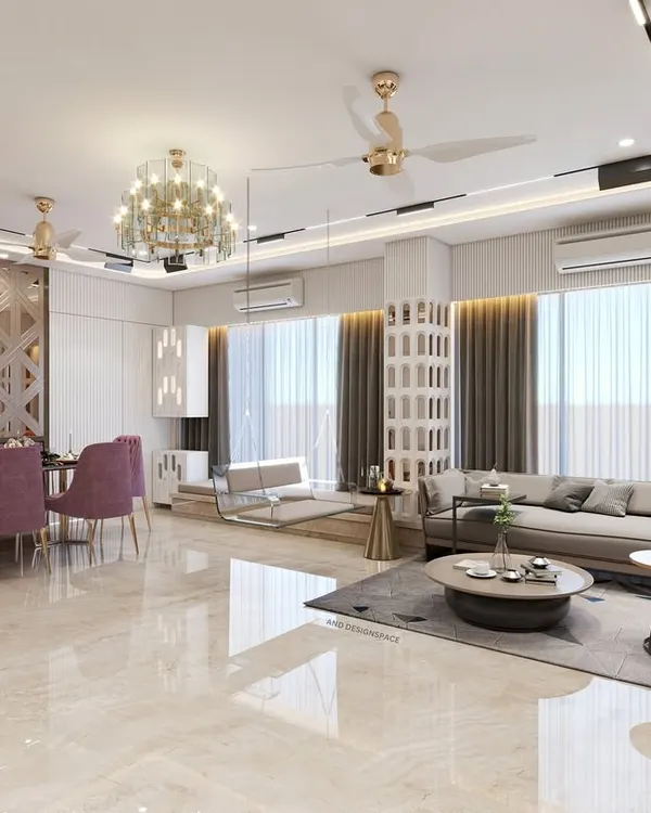 A 3D render of a large living and dining area in Borivali, designed for open-concept living. The space includes a custom jali partition for the dining booth, an indoor swing, and a large L-shaped sofa, all unified by marble flooring and elegant lighting.