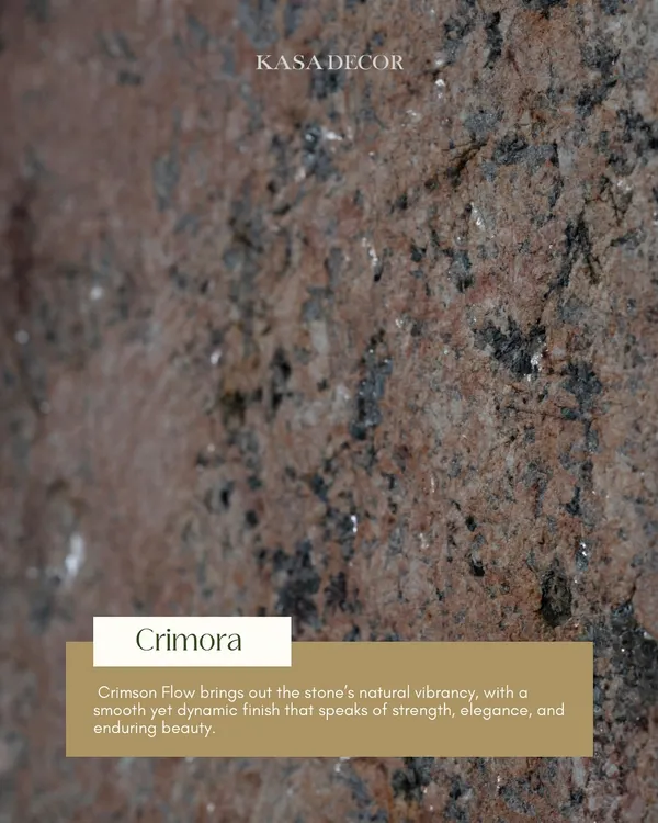 A close-up of our 'Crimora' texture. This Crimson Flow stone has a smooth yet dynamic finish that brings out the material's natural vibrancy, speaking of strength and enduring beauty.