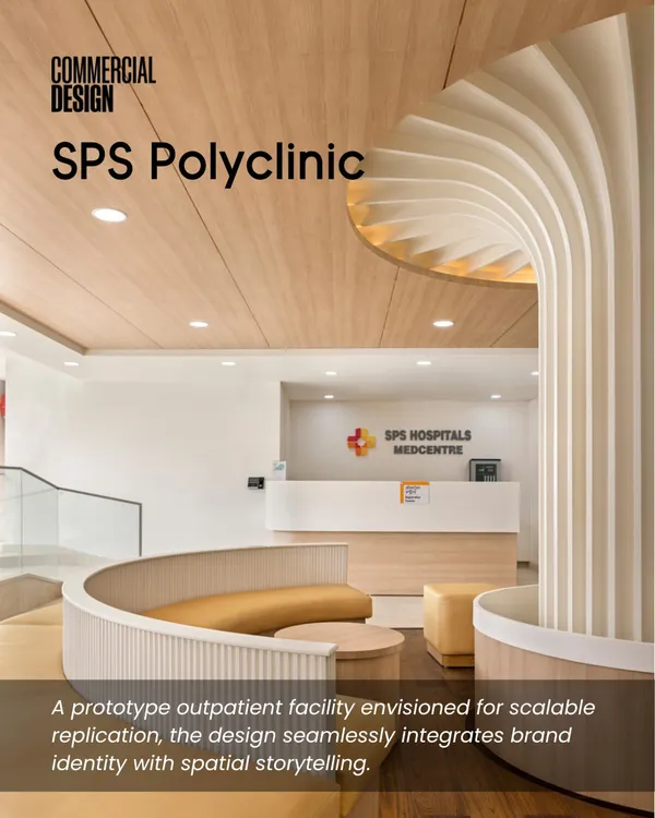 The SPS Polyclinic in Ludhiana, featured in Commercial Design magazine, is a prototype outpatient facility envisioned for scalable replication. The design seamlessly integrates brand identity with spatial storytelling and a climate-responsive master plan.
