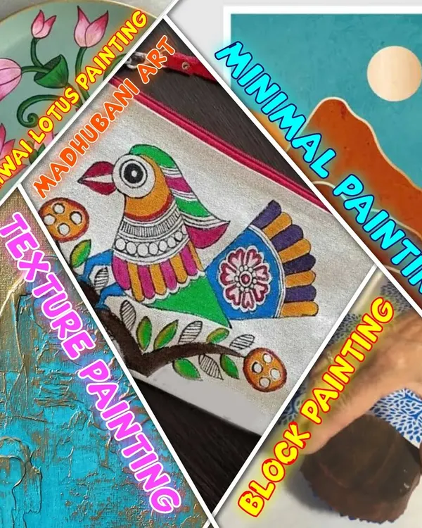 A collage showcasing the diverse art forms we teach, including Pichwai lotus painting, Madhubani art, texture painting, block printing, and minimal painting. Our workshops are a journey through different artistic styles and techniques.