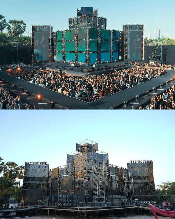 Our work on the movie 'Saiyaara' involved building and lighting this massive concert stage. The top image shows the final cinematic shot, while the bottom reveals the unlit structure, demonstrating the scale of our lighting and rigging capabilities for large-scale film productions.