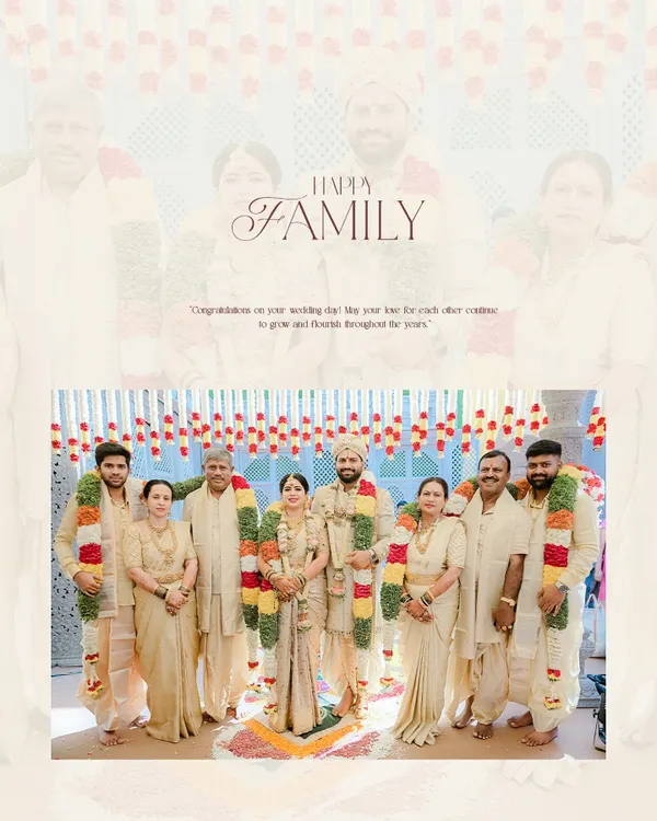 A perfect "Happy Family" portrait. I designed all the outfits for this family in a coordinated cream and gold palette, ensuring they looked unified and elegant for the wedding.