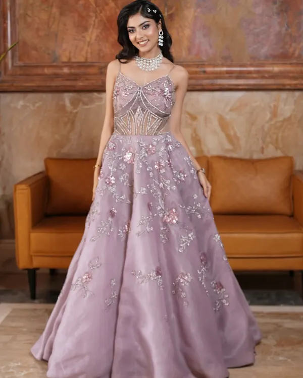 A full-length shot of this enchanting lilac gown, perfect for a cocktail evening or reception. The makeup was kept soft and dreamy to match the fairytale vibe of the dress.