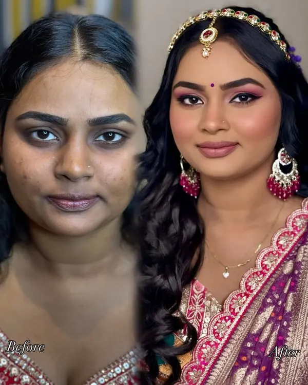 A beautiful transformation focusing on evening out skin tone and creating a radiant base. The final look features bold, defined eyes and a soft nude lip, perfect for a reception or sangeet.