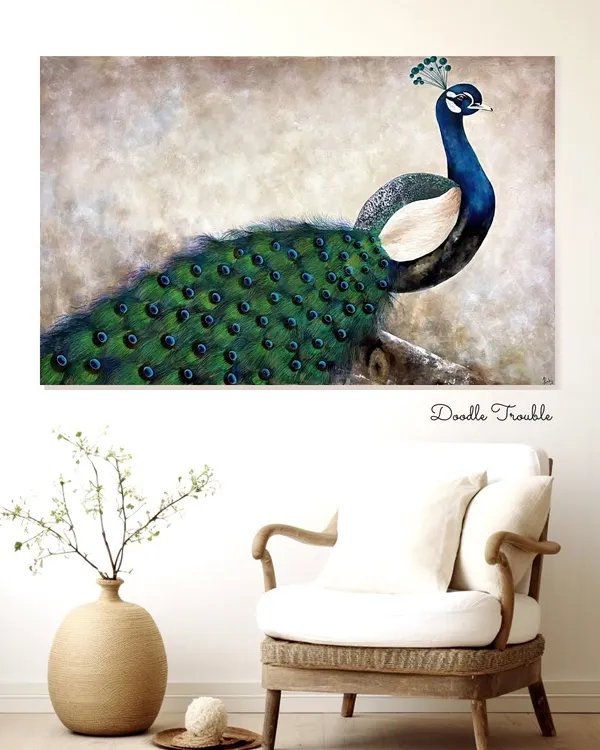 This large peacock painting is shown in a minimalist setting to highlight its elegance and detail. The earthy background and vibrant feathers create a piece of wall art that is both calming and captivating.