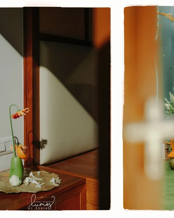 A collage showing quirky housewarming decor, where vegetables and fruits are used in floral arrangements.