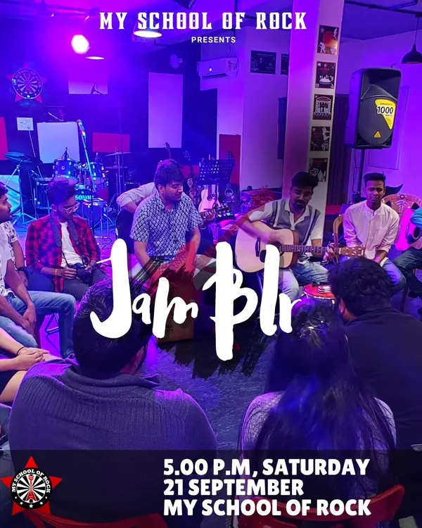 An event poster for 'Jam Blr,' our community event for rhythmic conversations, melodic meet-ups, and soulful jamming sessions.