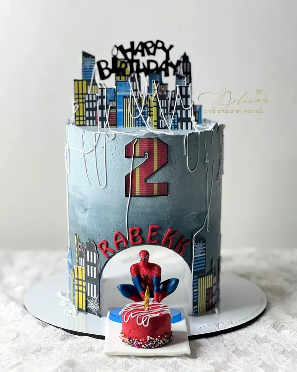 Our Spiderman pull-out cake. This design features a hidden compartment where a mini cake or message can be pulled out, creating a fun surprise for the birthday boy.
