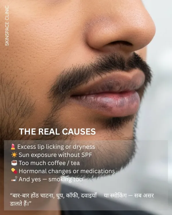 This image identifies the real causes of lip pigmentation, which include excess lip licking, sun exposure without SPF, caffeine, and hormonal changes, in addition to smoking.