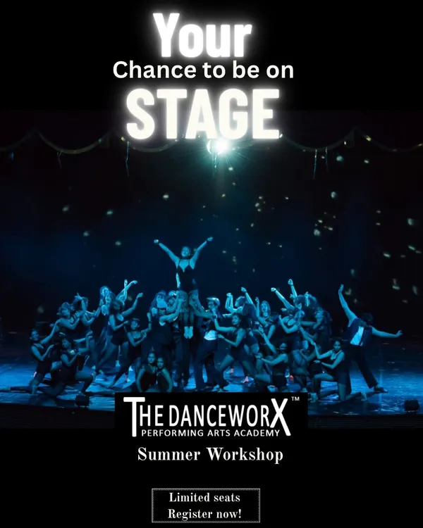 This promotional image captures the grand scale of our Summer Workshop showcase. A large group of dancers is seen on a professionally lit stage, with one performer lifted high above the others, creating a powerful and memorable final tableau.