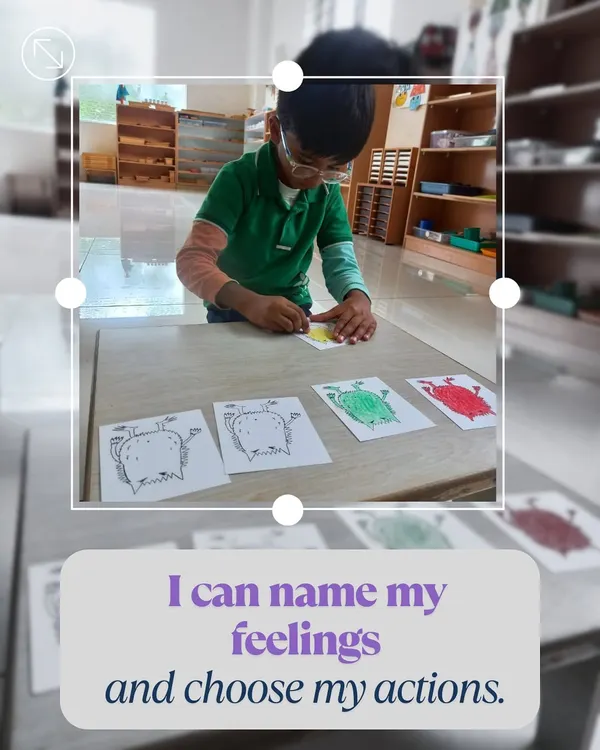 I can name my feelings and choose my actions. Using "The Colour Monster" as a guide, children explore their emotions by associating them with colors. This helps them build emotional literacy, self-awareness, and the ability to talk about their feelings.