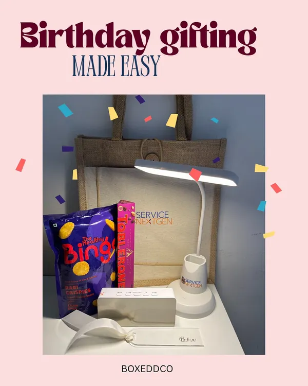 Birthday gifting made easy and fun. This hamper includes a branded tote bag, a desk lamp, and snacks, turning a corporate birthday into a genuine celebration.