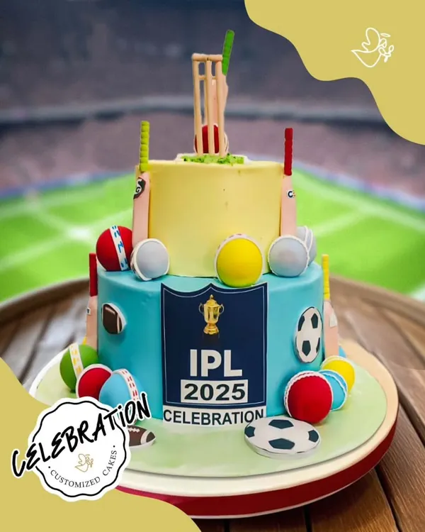 This two-tier IPL celebration cake is ready to hit it out of the park for a true fan in Delhi. It's decorated with fondant cricket bats, balls, and the IPL trophy, capturing all the excitement of the tournament.