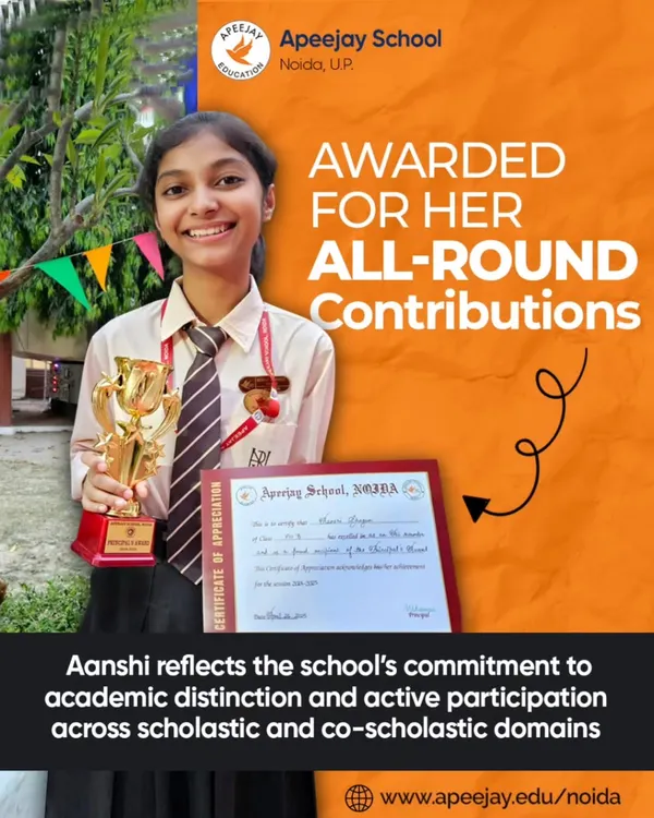 We celebrate all-around excellence with pride. Aanshi is honored for her outstanding academic achievements and active participation in both scholastic and co-scholastic domains, reflecting our commitment to holistic development.