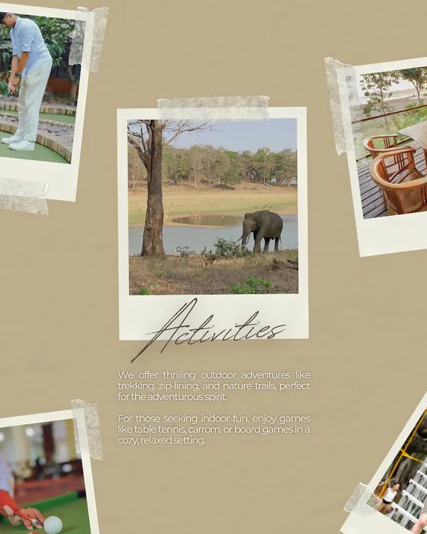 This collage captures the essence of what we offer: thrilling outdoor adventures, fun indoor games, serene nature, and beautiful spaces to relax and connect.