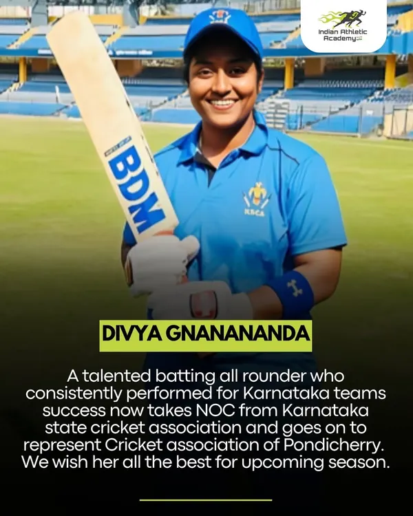 We are proud to see our athlete Divya Gnanananda, a talented batting all-rounder, take the next step in her career to represent Pondicherry. Her consistent performance for Karnataka is a result of her dedication and hard work at our academy.