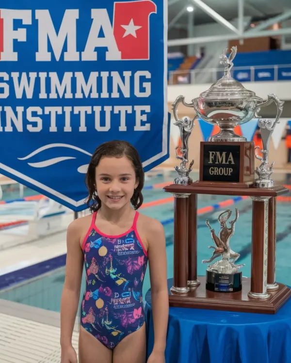 Celebrating a champion! FMA student Lisa proudly poses with her trophy after winning the 50m backstroke event with an incredible time of 32.1 seconds. We train our swimmers to win.