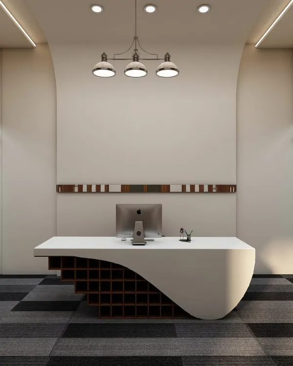 A stunning 3D render of a reception desk with a unique, sculptural form. The combination of the white curved surface and the wooden base with built-in storage makes it a functional piece of art.
