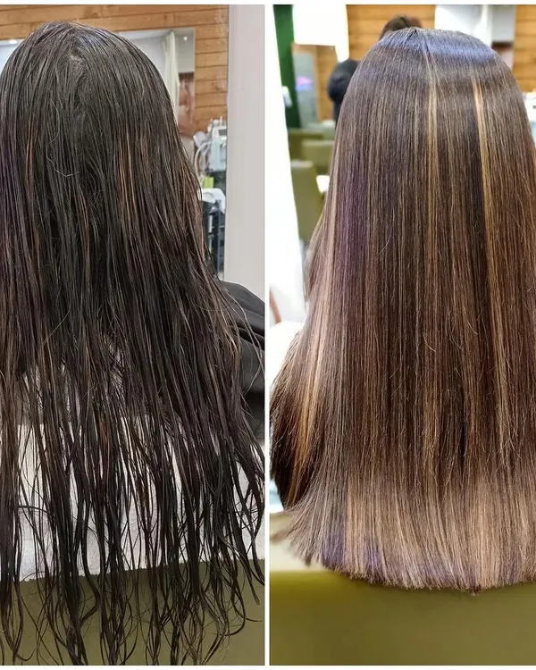 This is the magic of a quality keratin treatment. I took this hair from frizzy and unmanageable to incredibly smooth, shiny, and healthy, adding some beautiful highlights to complete the look. This is the result I promise, no shortcuts.