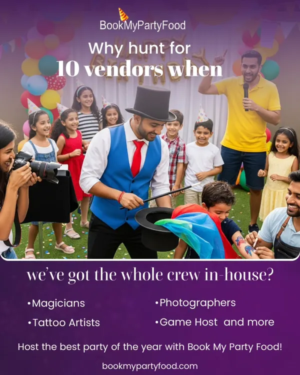 (Hero Item) Why juggle ten different vendors when we have the whole crew in-house? We provide a complete party solution with magicians, photographers, tattoo artists, and game hosts, ensuring your event is a seamless and memorable experience from start to finish.