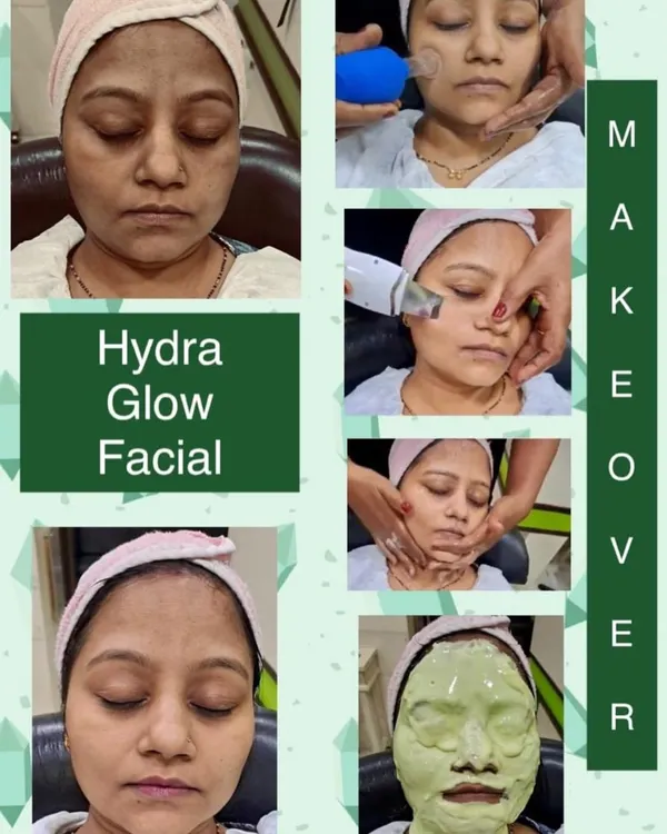 This collage shows the incredible transformation possible with my Hydra Glow Facial. You can see the entire process, from the initial consultation to the final radiant result, including deep cleansing with a suction tool, a relaxing massage, and a nourishing mask for instantly brighter, even-toned skin.