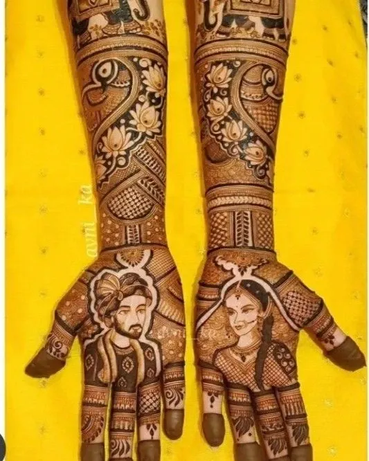 A close-up of my portrait work. I focus on capturing the unique features and expressions of the bride and groom, ensuring the portraits are a true likeness. This design is set against a backdrop of lotus and peacock patterns.