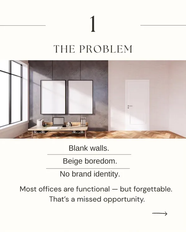 The problem I see in so many offices: blank walls, beige boredom, and no brand identity. A functional but forgettable space is a missed opportunity to inspire your team and tell your story.