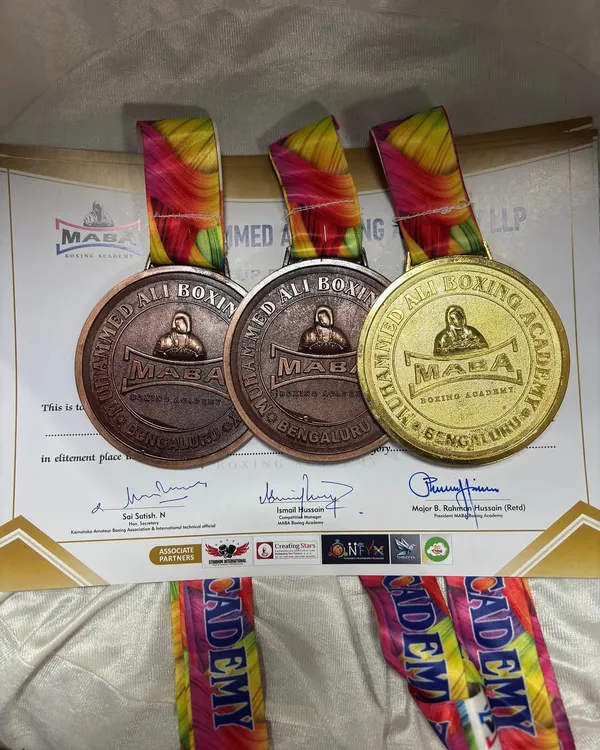 The haul from the Super 40 Elite Men Boxing Championship. One gold and two bronze medals earned through dedication and smart training.