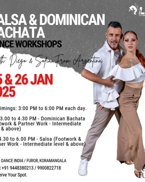 We're proud to host world renowned dancers like Diego and Sofia from Argentina. This poster announces their exclusive Salsa and Dominican Bachata workshops, a chance for our community to learn from two time World Salsa Summit champions.